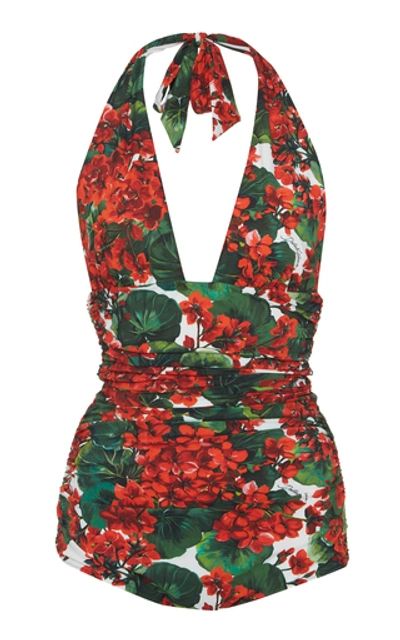 Shop Dolce & Gabbana Ruched Printed Halterneck Swimsuit In Floral