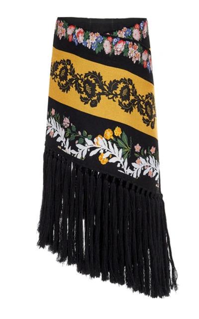Shop Oscar De La Renta Fringed Floral-embroidered Wool-blend Midi Skirt In Brown