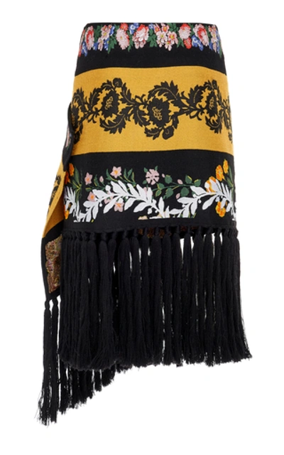 Shop Oscar De La Renta Fringed Floral-embroidered Wool-blend Midi Skirt In Brown