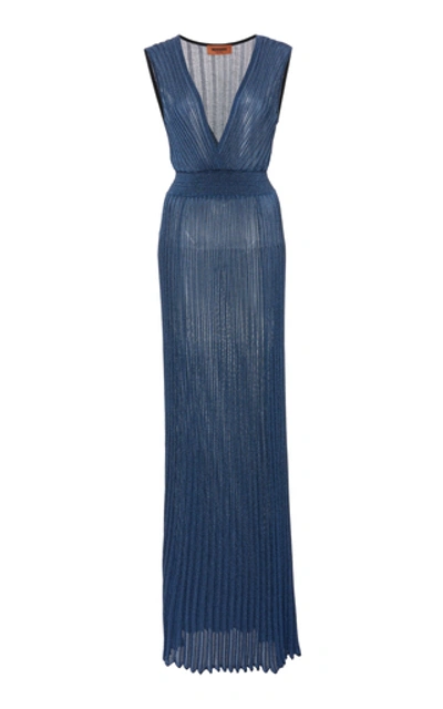Shop Missoni Sleeveless Metallic Crochet-knit Maxi Dress In Blue