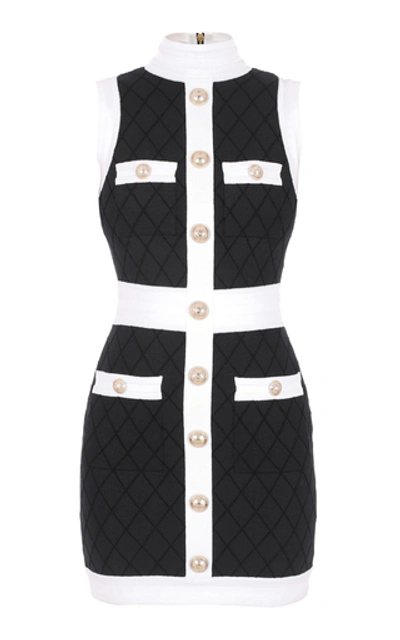 Shop Balmain Quilted Monochromatic Stretch Jacquard-knit Dress In Black/white