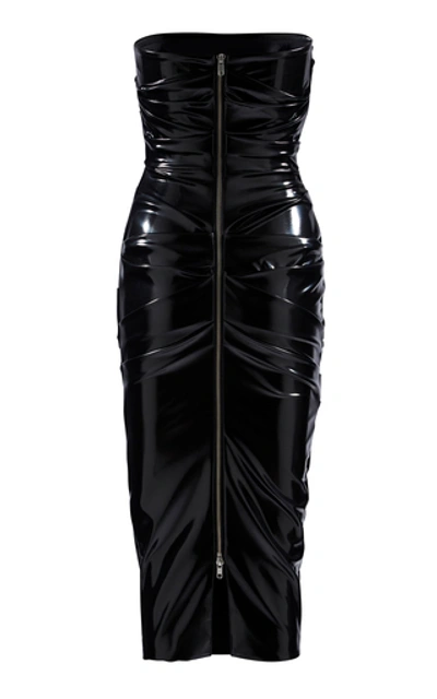 Shop Alex Perry Deacon Strapless Ruched Vinyl Midi Dress In Black