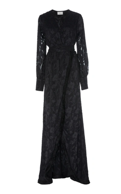 Shop Alexis Antonella Fringed Devoré-satin Wrap Maxi Dress In Black