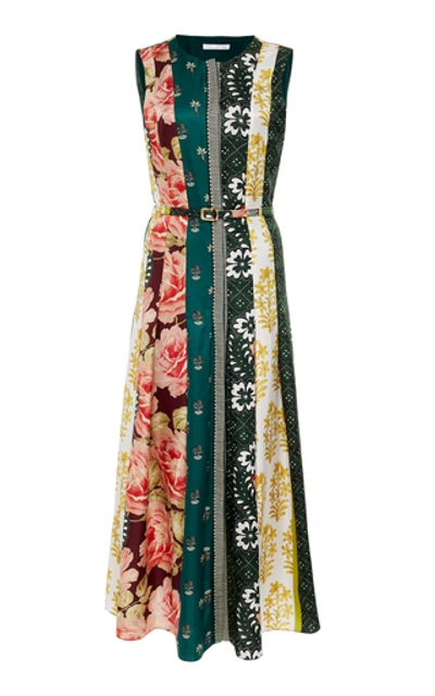Shop Oscar De La Renta Belted Floral-print Silk-jacquard Midi Dress In Multi