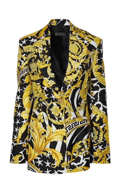 Shop Versace Printed Silk Blazer In Yellow