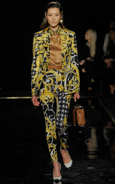 Shop Versace Printed Silk Blazer In Yellow