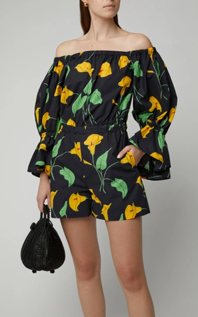 Shop La Doublej Off-the-shoulder Floral-print Cotton-poplin Playsuit