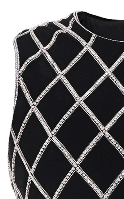Shop Balmain Grid Crystal-embellished Velvet Dress In Black