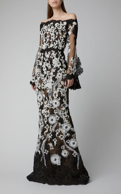 Shop Marchesa Off-the-shoulder Corded Lace Gown In Black