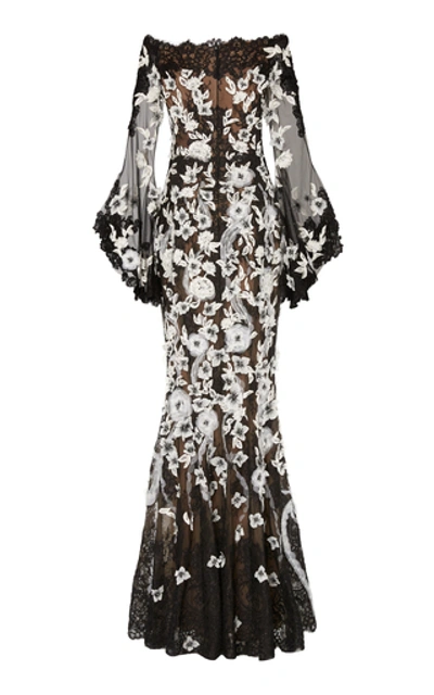 Shop Marchesa Off-the-shoulder Corded Lace Gown In Black