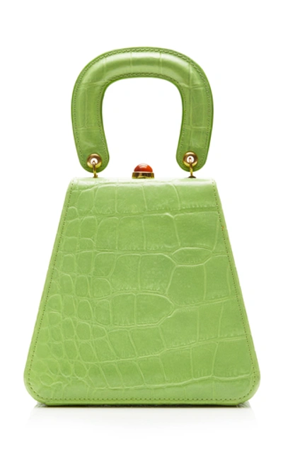 Shop Staud Kenny Croc-effect Leather Top Handle Bag   In Green