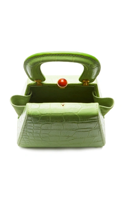 Shop Staud Kenny Croc-effect Leather Top Handle Bag   In Green