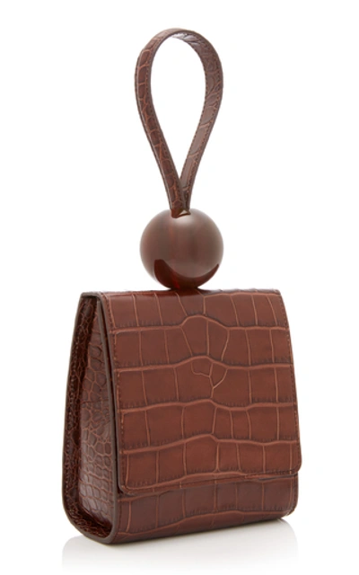 Shop By Far Ball Croc-effect Leather Top Handle Bag  In Brown