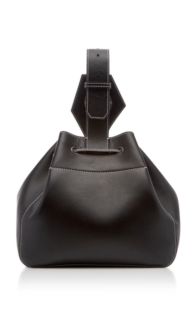 Shop Ganni Mini Leather Drawstring Bag In Black