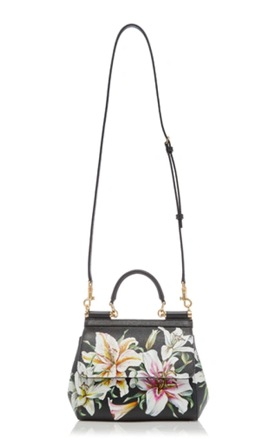 Shop Dolce & Gabbana Sicily Small Floral-printed Textured-leather Shoulder Bag In Black