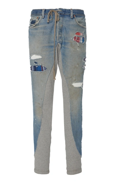 Shop Greg Lauren 50/50 Cotton Jersey-paneled Denim Track Pants In Blue