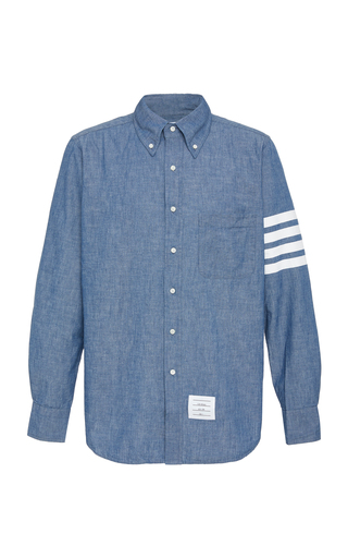 Thom Browne Straight Fit Stripe Chambray Sport Shirt In 450 Blue | ModeSens