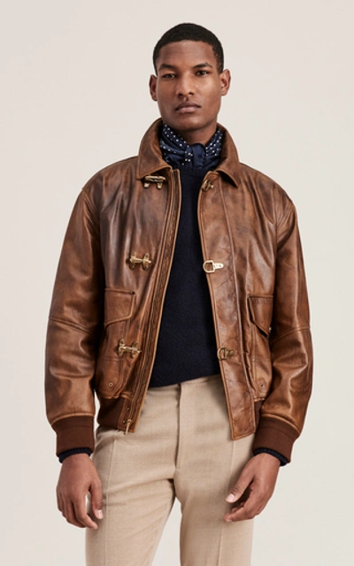 Shop Ralph Lauren Bolden Leather Bomber Jacket In Brown