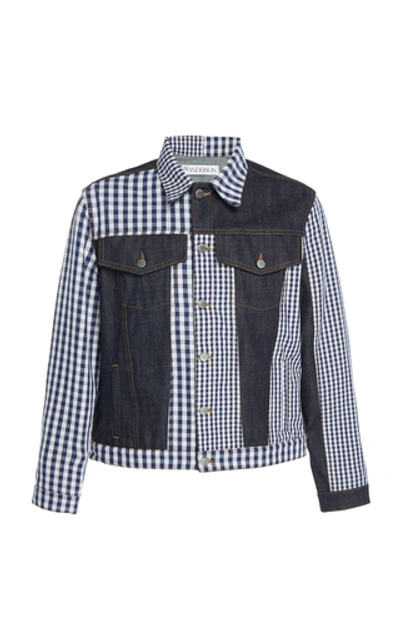 Shop Jw Anderson Patchwork Gingham Denim Jacket In Blue