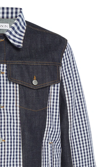 Shop Jw Anderson Patchwork Gingham Denim Jacket In Blue