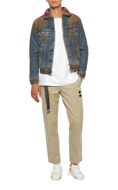 Shop Off-white Distressed Faux Shearling-lined Denim Jacket In Blue