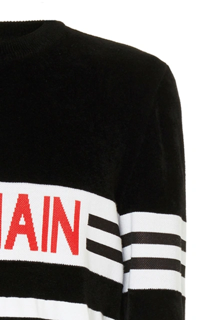 Shop Balmain Striped Logo-intarsia Cotton Sweater In Multi