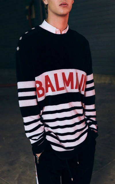 Shop Balmain Striped Logo-intarsia Cotton Sweater In Multi