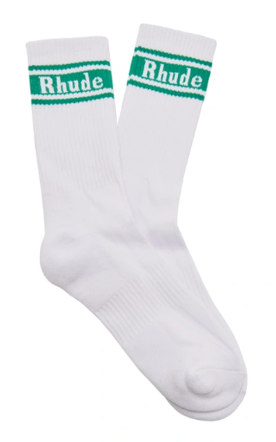 Shop Rhude Striped Rib-knit Cotton Socks In White