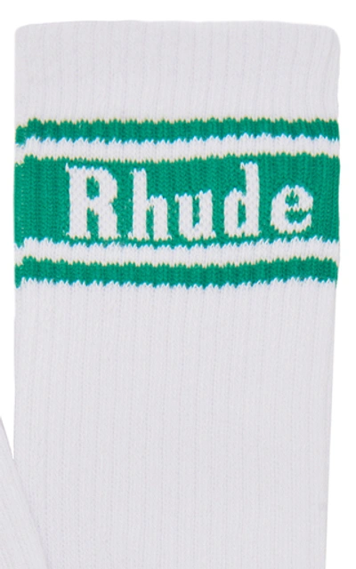 Shop Rhude Striped Rib-knit Cotton Socks In White