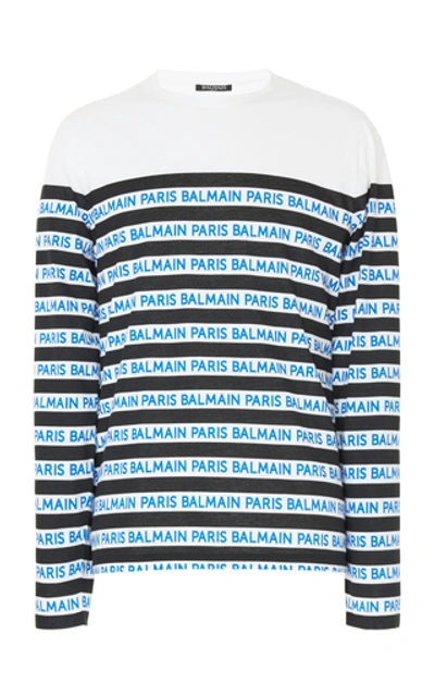 Shop Balmain Logo-intarsia Striped Cotton Sweatshirt