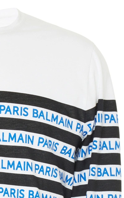 Shop Balmain Logo-intarsia Striped Cotton Sweatshirt