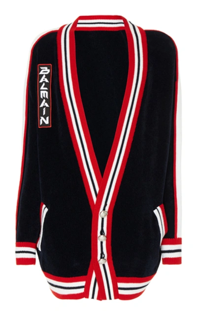 Shop Balmain Logo-embroidered Striped Cotton-blend Cardigan In Navy