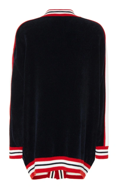 Shop Balmain Logo-embroidered Striped Cotton-blend Cardigan In Navy