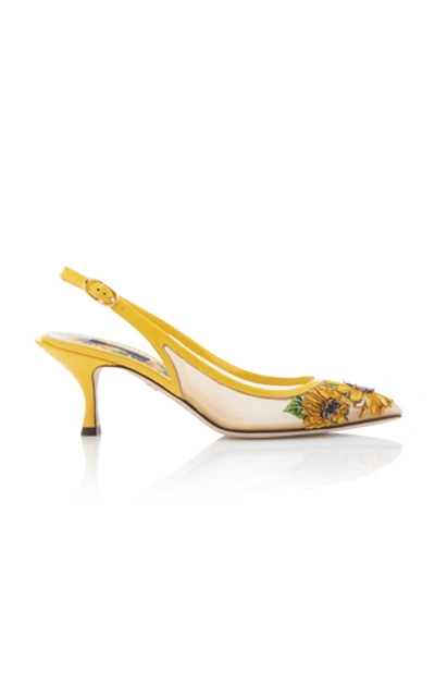 Shop Dolce & Gabbana Embroidered Mesh Slingback Pumps In Yellow