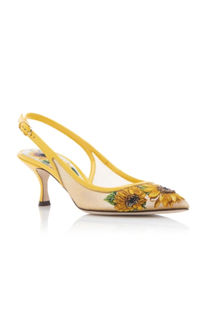 Shop Dolce & Gabbana Embroidered Mesh Slingback Pumps In Yellow