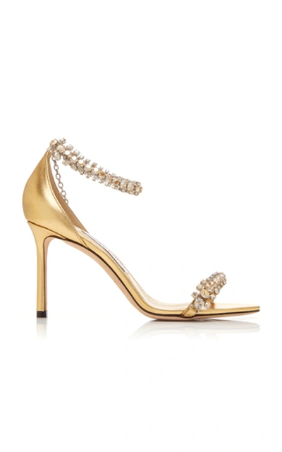 Shop Jimmy Choo Shiloh Crystal-embellished Metallic Leather Sandals In Gold