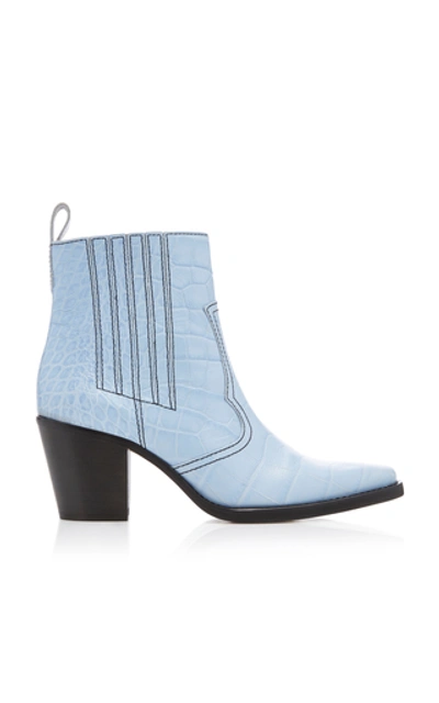 Shop Ganni Croc-effect Leather Ankle Boots In Blue