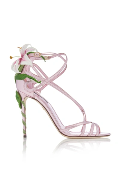 Shop Dolce & Gabbana Lily-embellished Metallic Leather Sandals In Pink