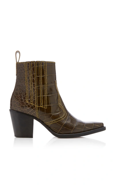 Shop Ganni Croc-effect Leather Ankle Boots In Green