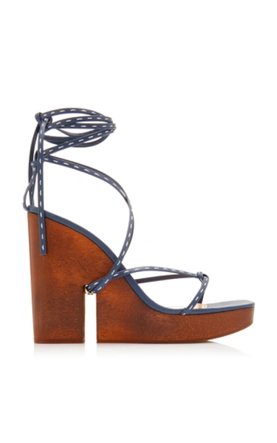 Shop Jacquemus Pilotis Wooden Wedge Leather Sandals In Navy