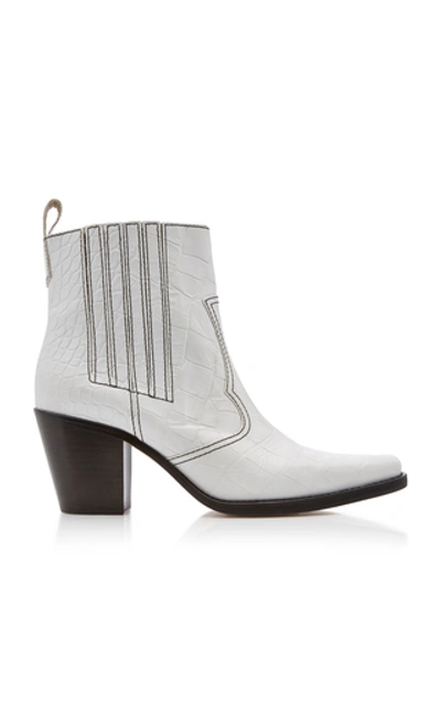 Shop Ganni Top-stitched Croc-effect Leather Boots In White