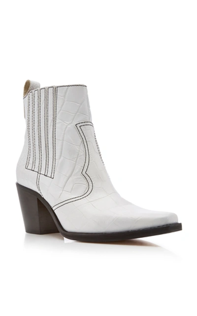 Shop Ganni Top-stitched Croc-effect Leather Boots In White