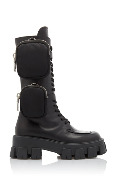 Prada Monolith Nylon Pocket-detailed Leather Combat Boots In Black