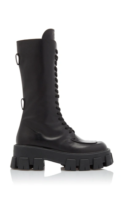 Prada Monolith Nylon Pocket-detailed Leather Combat Boots In Black