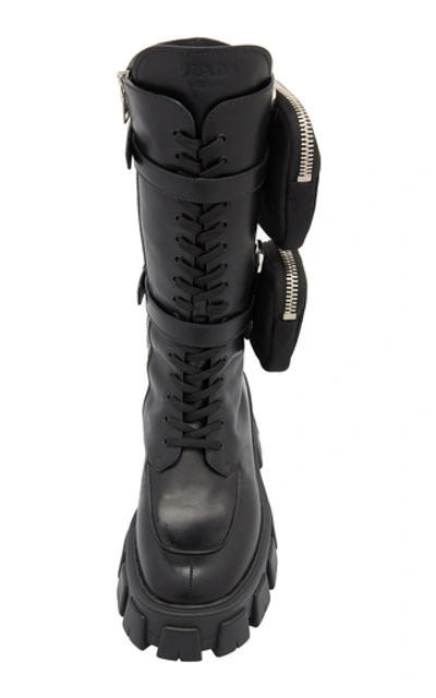 Prada Monolith Nylon Pocket-detailed Leather Combat Boots In Black