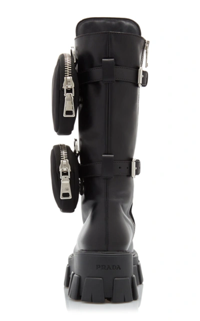 Prada Monolith Nylon Pocket-detailed Leather Combat Boots In Black