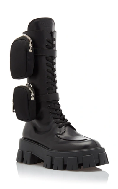 Prada Monolith Nylon Pocket-detailed Leather Combat Boots In Black