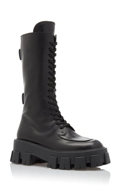 Prada Monolith Nylon Pocket-detailed Leather Combat Boots In Black