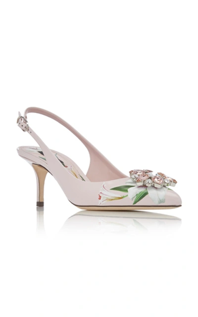 Shop Dolce & Gabbana Crystal-embellished Floral-print Leather Slingbacks In Pink