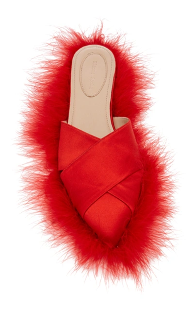 Shop Simone Rocha Faux Fur-trimmed Satin Mules In Red